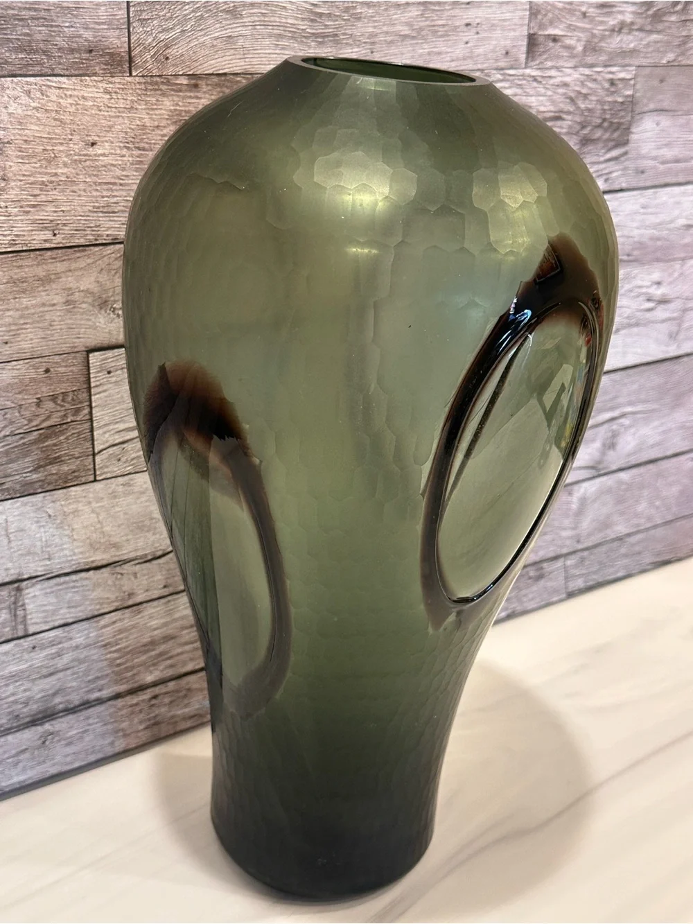 Modern Avocado Green Glass Floor Vase Large 13 Inch Dimpled Teardrop Unbranded